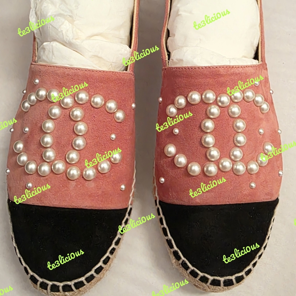 CHANEL 17B SUEDE PEARL PINK ESPADRILLES SIZE 38 *PRE-OWNED* - Picture 3 of 13